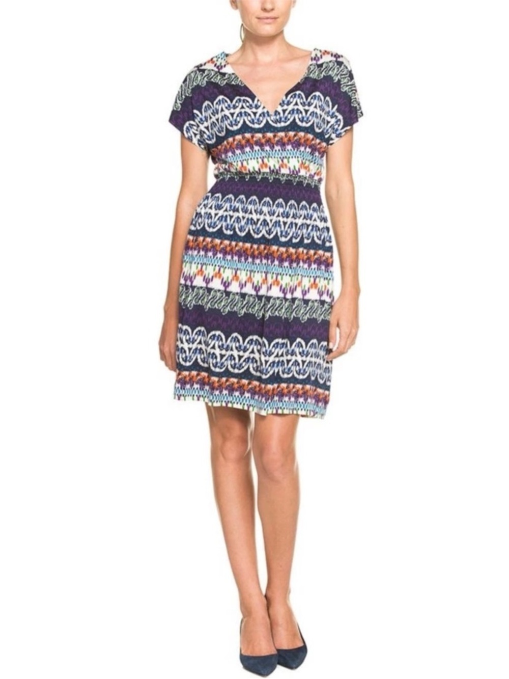 TORY BURCH | Arjeta Ikat Print Silk Jersey Multicolor Patterned V-Neck Dress XS
